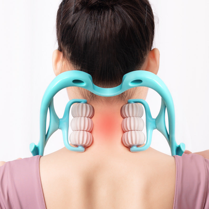 Multifunctional Manual Six-wheel Neck Massager pain Relief Roller being used on neck for pain relief and relaxation.Multifunctional Manual Six-wheel Neck Massager pain Relief Roller