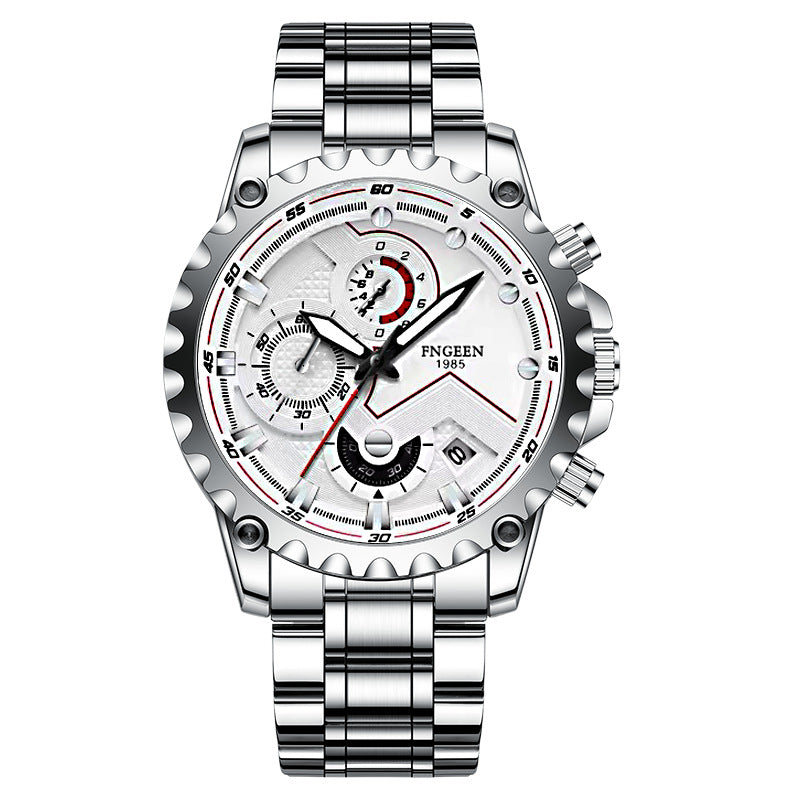 Men's waterproof sports fashion stainless steel watch with black dial and silver band, durable and stylish accessory by R&G Boutique.