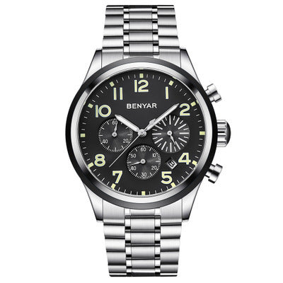 Men's quartz watch with silver dial and black leather strap from R&G Boutique, featuring a sleek, classic design.