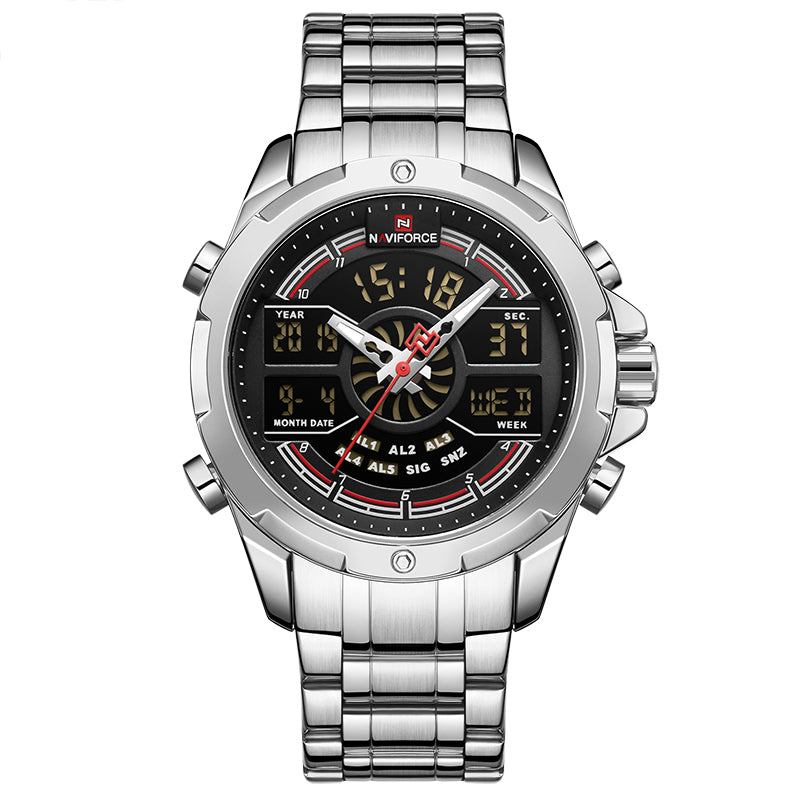 Men's multifunctional sports and leisure watch by R&G Boutique with digital display, black band, and durable design.