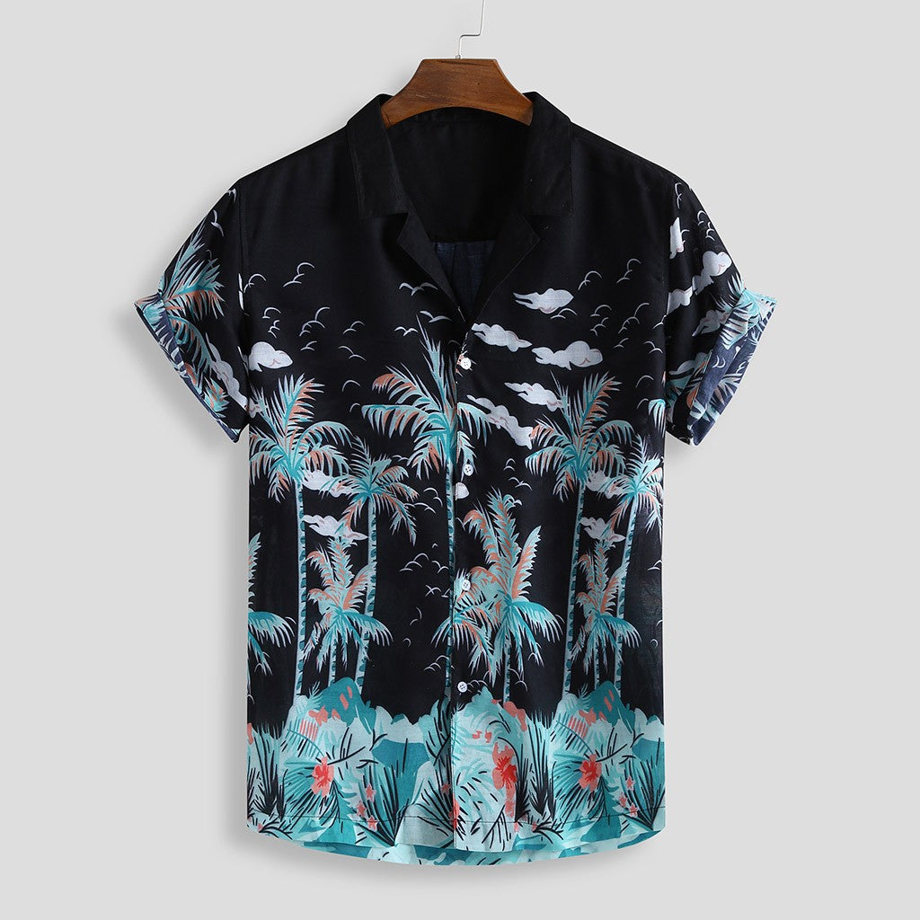 Men's loose-fit short sleeve shirt with a bold print from R&G Boutique, displayed on a hanger.