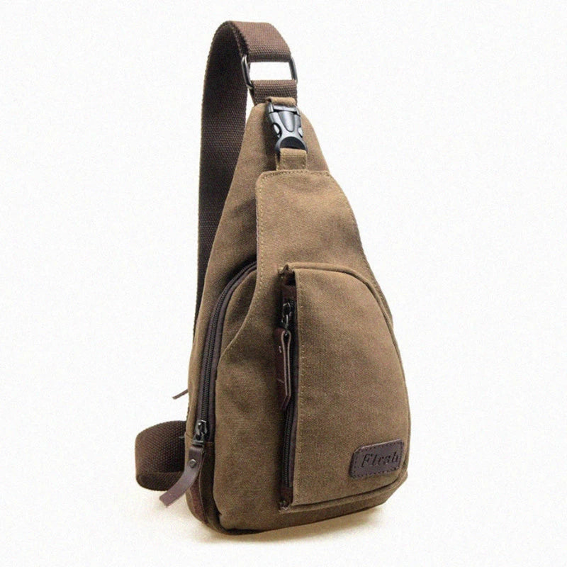 Casual men's chest pack made of canvas, featuring a crossbody design and shoulder strap, suitable for everyday use.