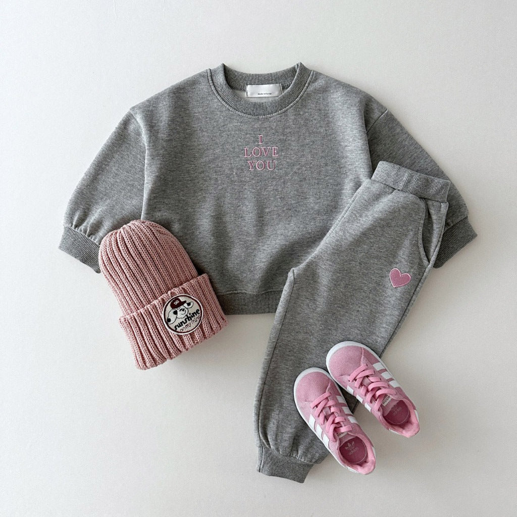 Kids' embroidered letter love sweater and matching pants two-piece suit by R&G Boutique, featuring colorful embroidery and soft fabric.