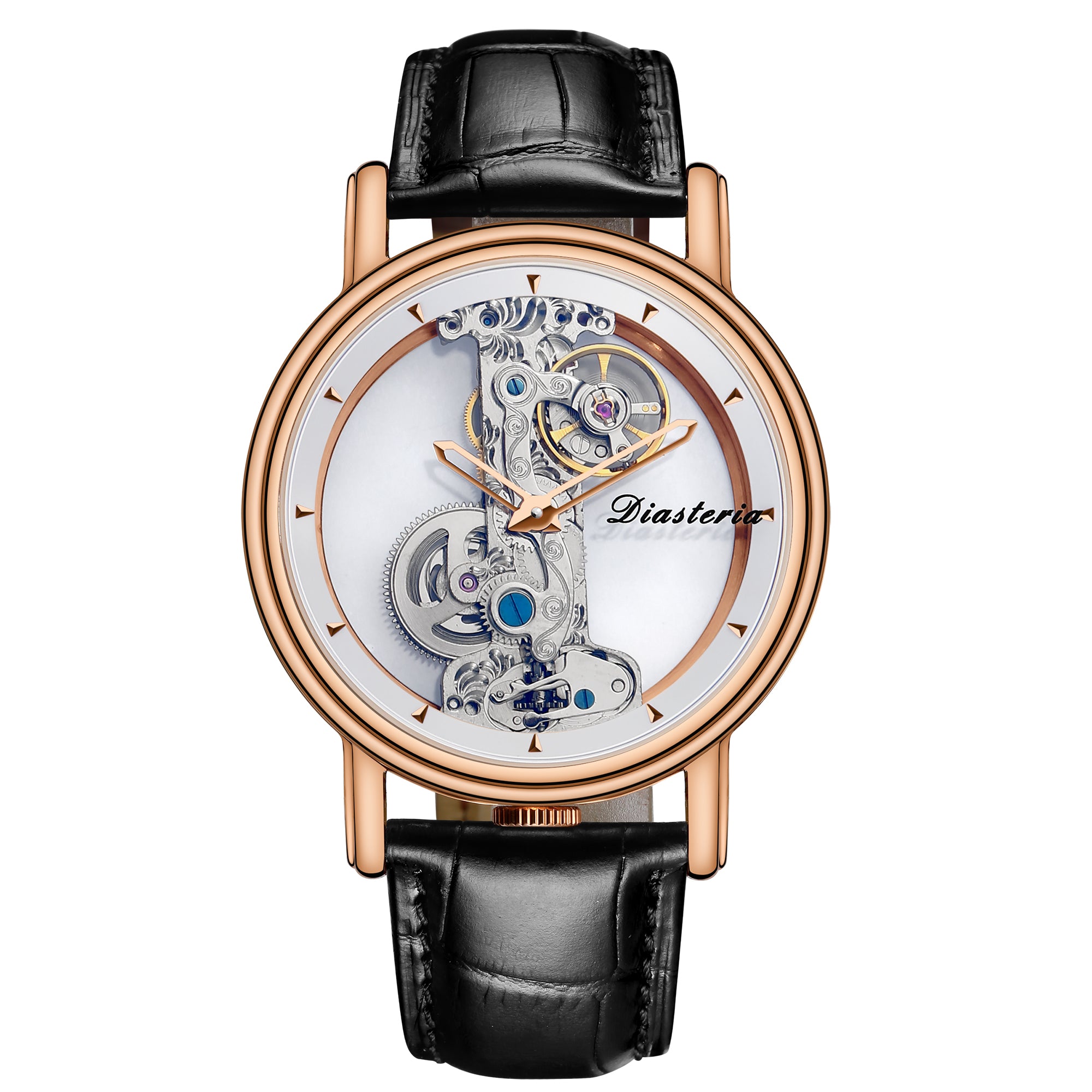 R&G Boutique men's double-sided hollow automatic mechanical watch showing both front and back dials with intricate design.