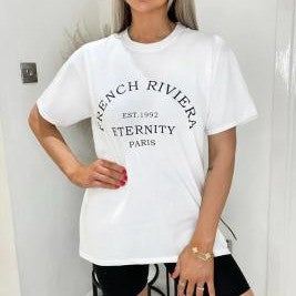Fashion letter print short-sleeved shirt from R&G Boutique, featuring a stylish design with bold letter graphics.