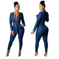 R&G Boutique denim women's bodysuit featuring a fitted design, scoop neckline, and long sleeves, displayed on a mannequin.