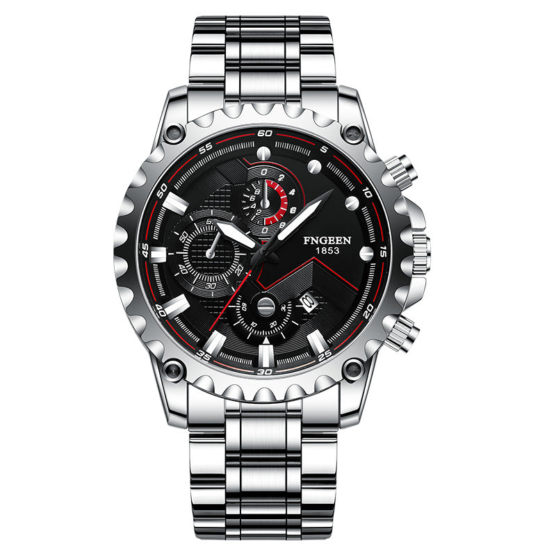 Men's waterproof sports watch by R&G Boutique featuring stainless steel band and digital display.