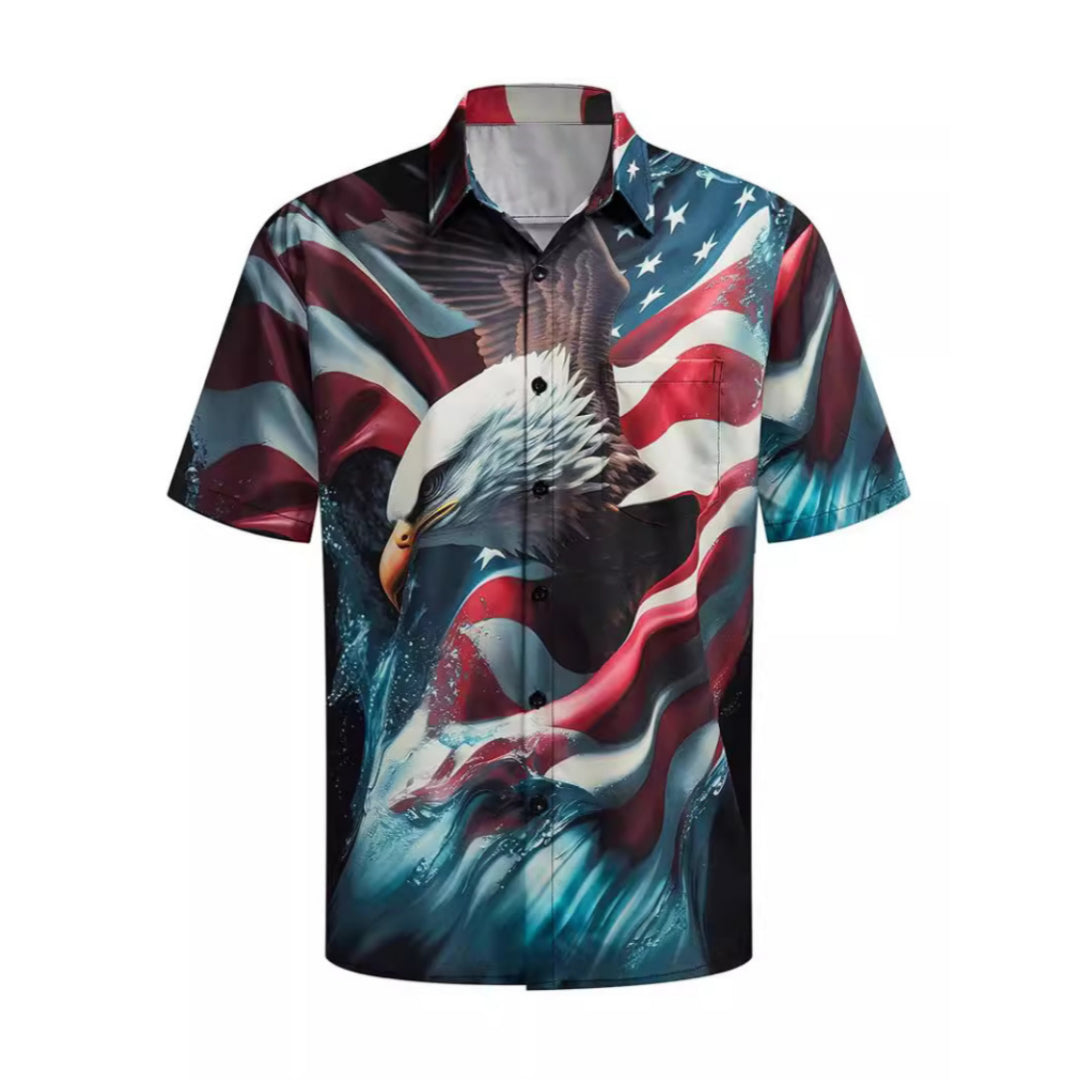 Casual R&G Boutique Hawaiian shirt with animal print and flag pattern, featuring vibrant colors and short sleeves.