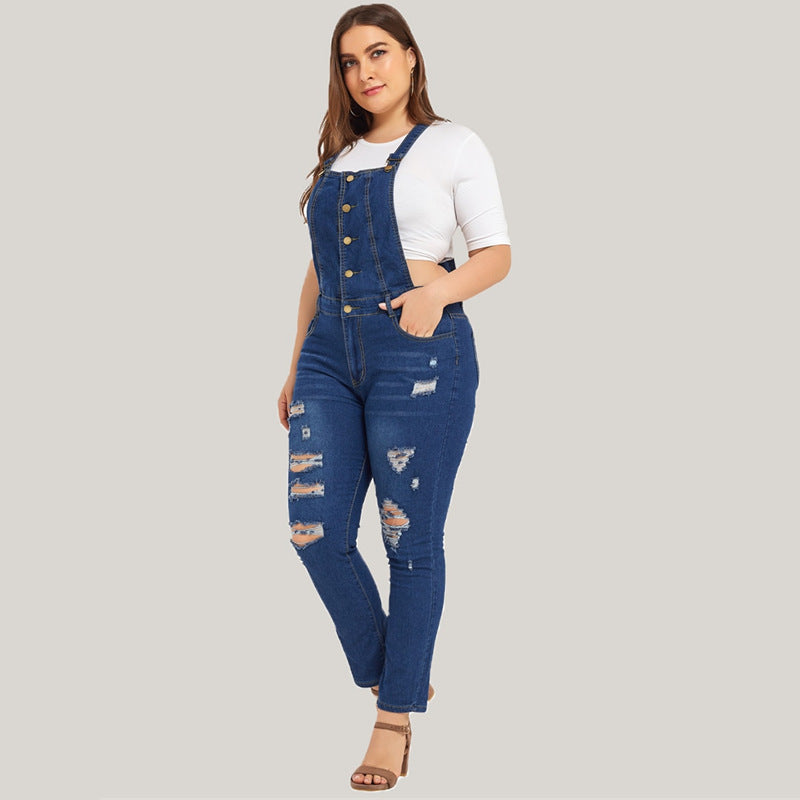 Ripped denim overalls from R&G Boutique featuring distressed details and adjustable straps on a model.