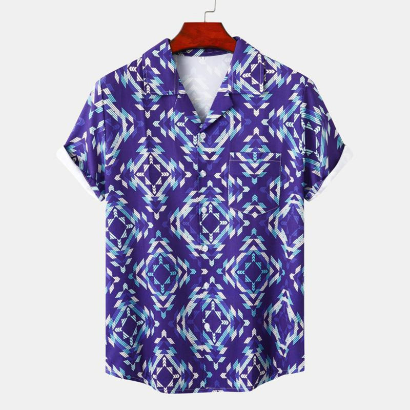 Men's short sleeve beach shirt with ethnic print by R&G Boutique, featuring vibrant patterns and lightweight fabric.