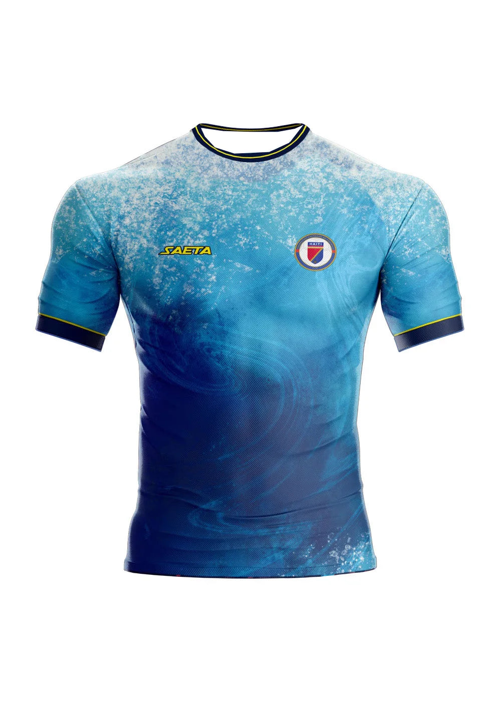 Haiti National Team Away Jersey by R&G Boutique, featuring team colors and official logo, displayed on a hanger.