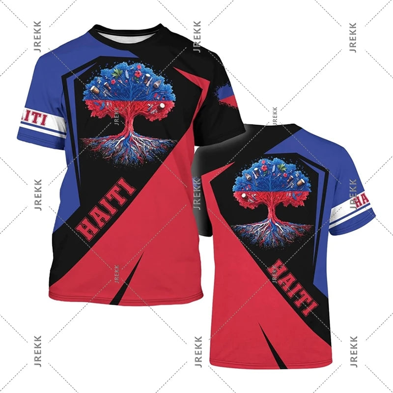 Haiti Flag Day short sleeve T-shirt for men and women featuring the Haitian flag, casual clothing by R&G Boutique.