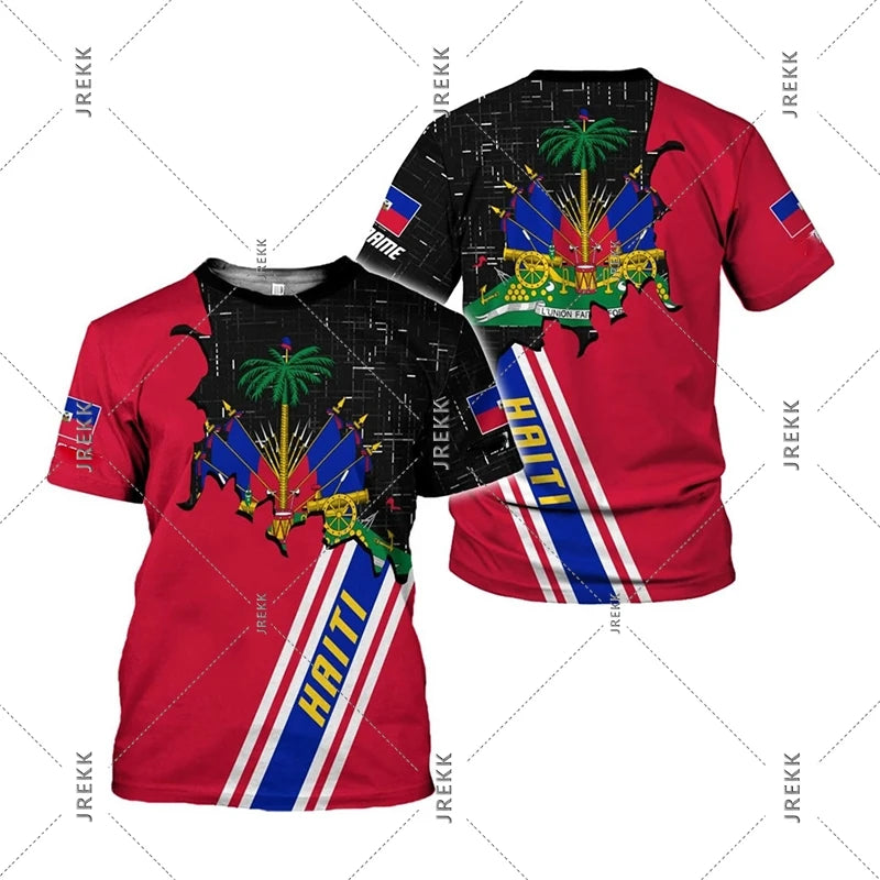 Haiti Flag Day short sleeve T-shirt for men and women, featuring the Haitian flag design, by R&G Boutique.