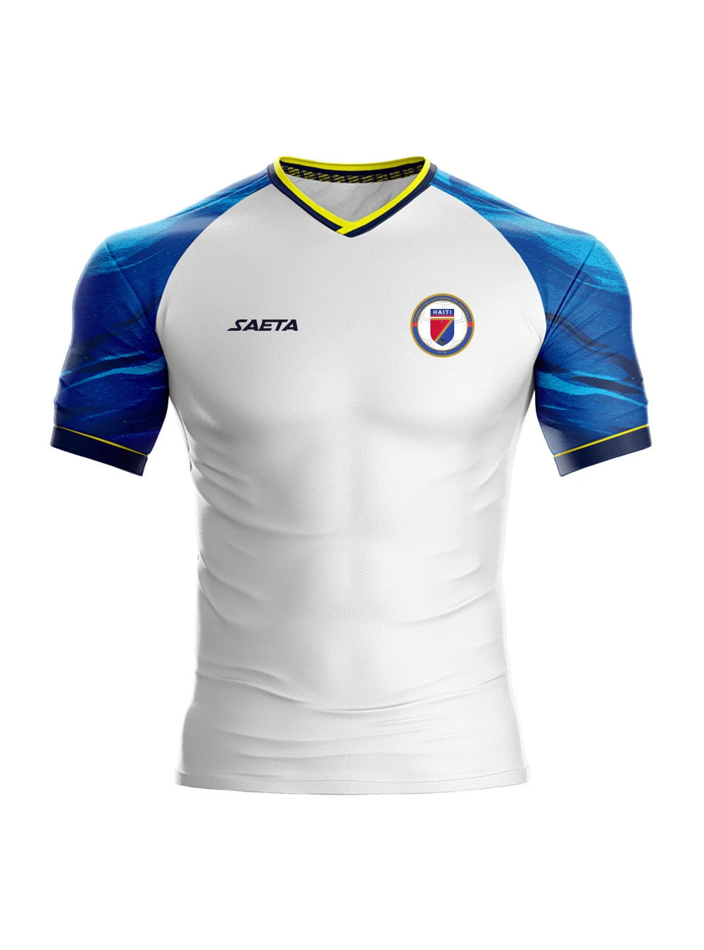 Haiti national team away jersey by R&G Boutique, featuring team colors and official design, displayed on a flat surface.
