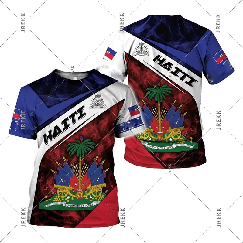 Haiti Flag Day short sleeve T-shirt for men and women with vibrant Haiti flag design by R&G Boutique, casual clothing for celebrations