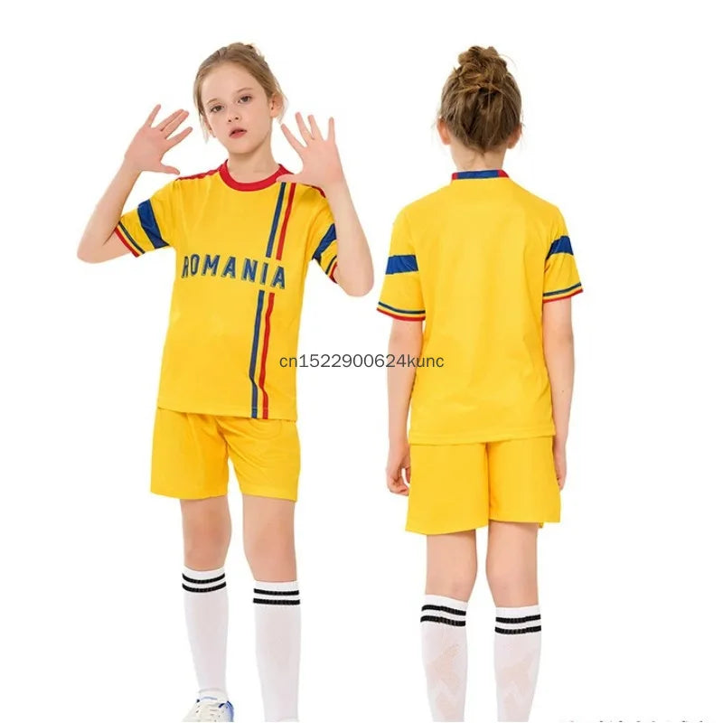 Kids football jersey set by R&G Boutique featuring Brazil, Argentina, and Germany team designs, quick-dry soccer clothes for boys and girls.