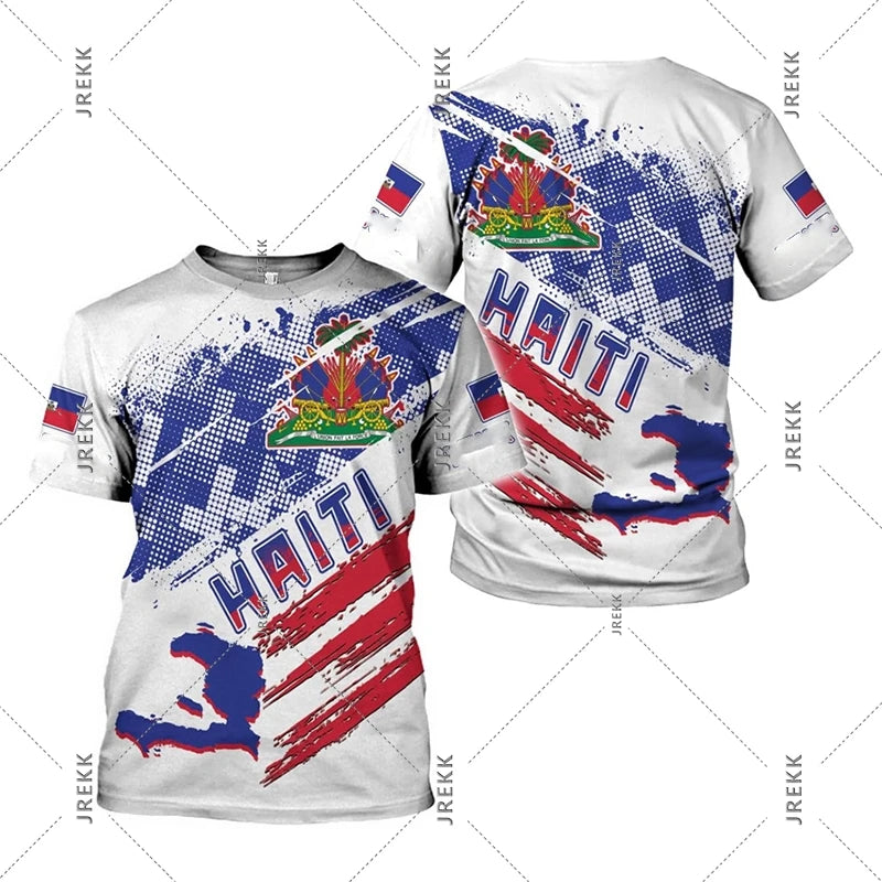 R&G Boutique Haiti Flag Day short sleeve T-shirt for men and women with Haiti flag graphic on front, casual clothing.