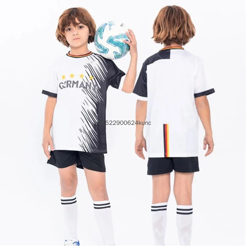 Kids soccer jersey set by R&G Boutique featuring Brazil, Argentina, and Germany national team designs for boys and girls.