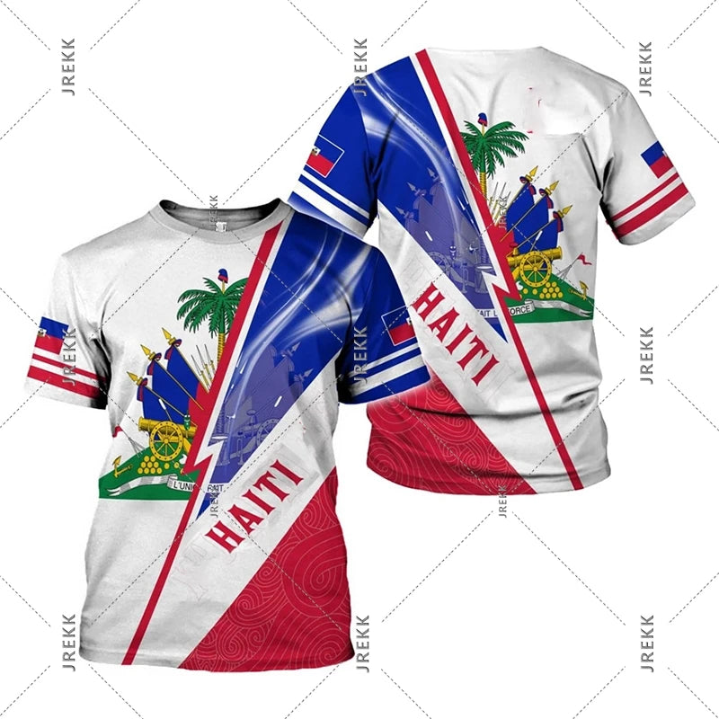 Haiti Flag Day short sleeve T-shirt for men and women by R&G Boutique, featuring a vibrant Haiti flag design on the front.