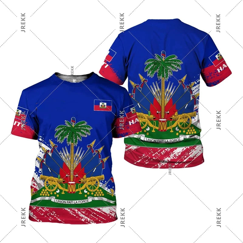 Haiti Flag Day short sleeve T-shirt for men and women featuring Haiti flag design, casual clothing by R&G Boutique.