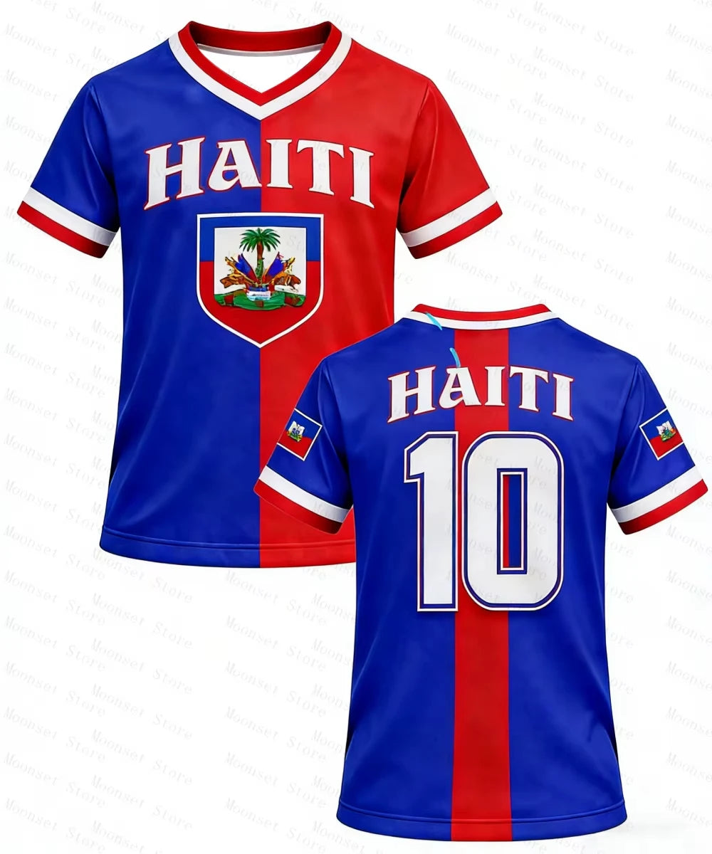 Haiti Kids Soccer T-shirt by R&G Boutique, quick-dry short sleeve sports shirt for children, navy blue with soccer graphic.
