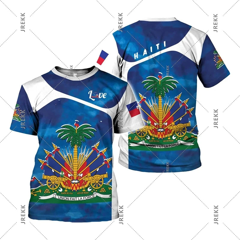 R&G Boutique Haiti Flag Day short sleeve T-shirt for men and women with Haiti flag design, casual clothing for celebrations.
