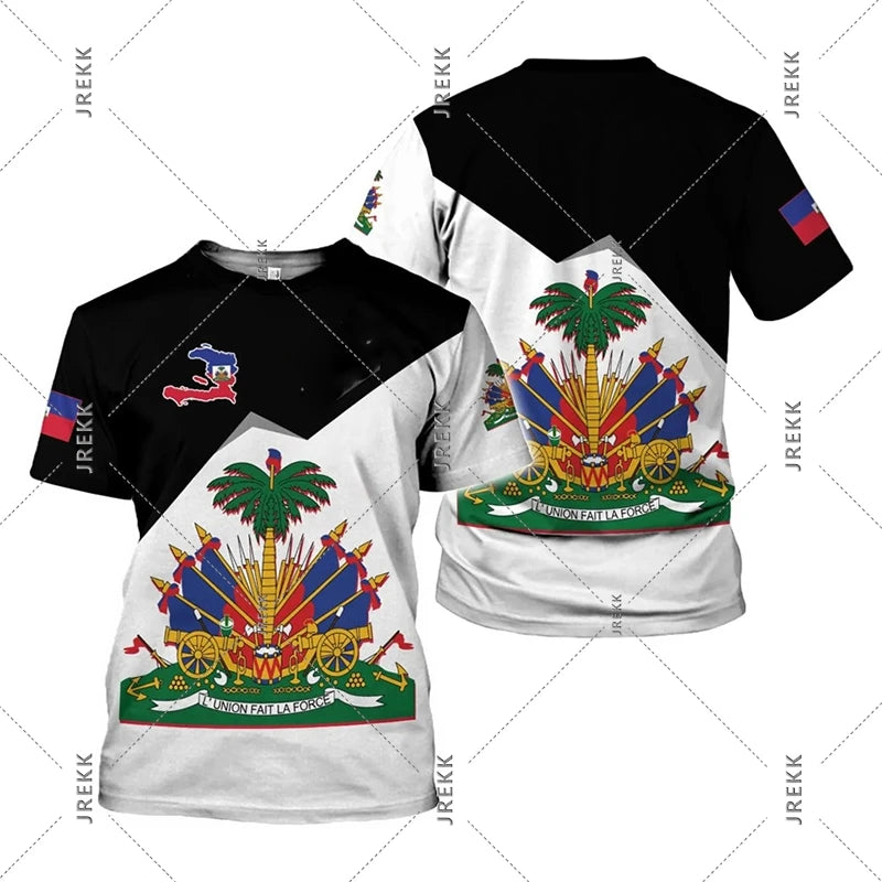 Haiti Flag Day short sleeve T-shirt for men and women with vibrant Haiti flag design, casual clothing by R&G Boutique.