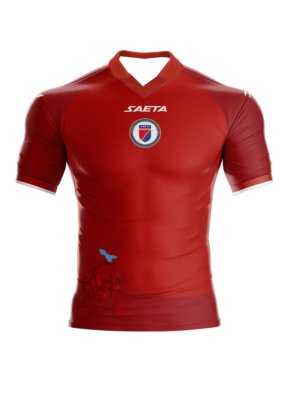 Haiti national team away jersey by R&G Boutique, featuring team logo and blue design, displayed on a flat surface.