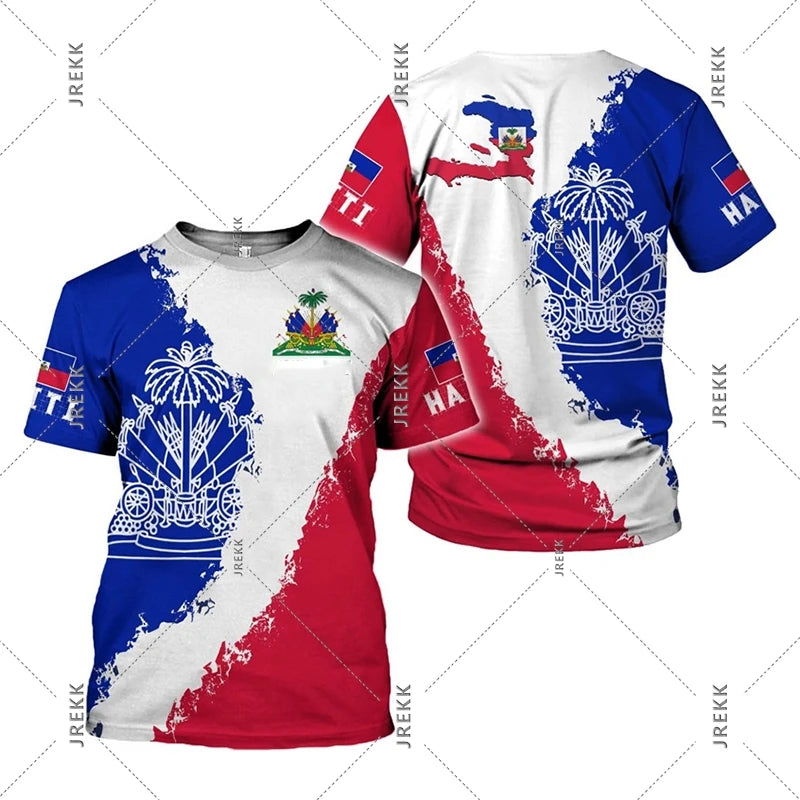 Haiti Flag Day short sleeve T-shirt for men and women with Haiti flag design, made by R&G Boutique, casual clothing for celebrations.