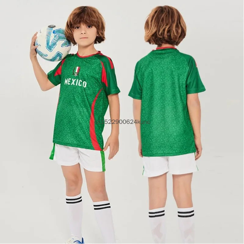 Kids soccer jersey set by R&G Boutique featuring Brazil, Argentina, Germany national team designs, quick-dry fabric, suitable for boys and girls.