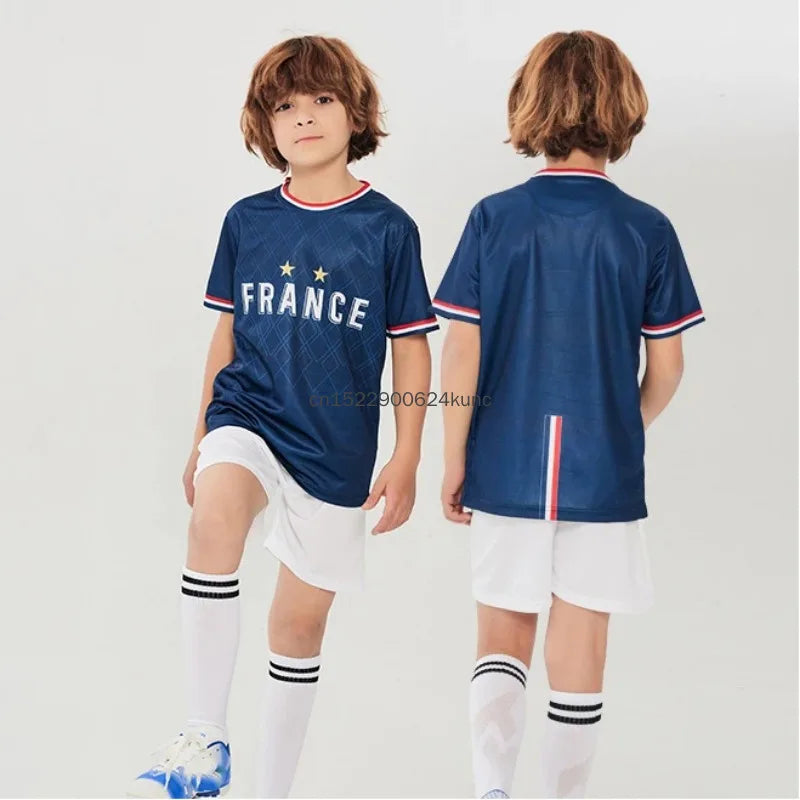 Kids football jersey set featuring Brazil, Argentina, or Germany national team designs, quick-dry soccer clothes for boys and girls.