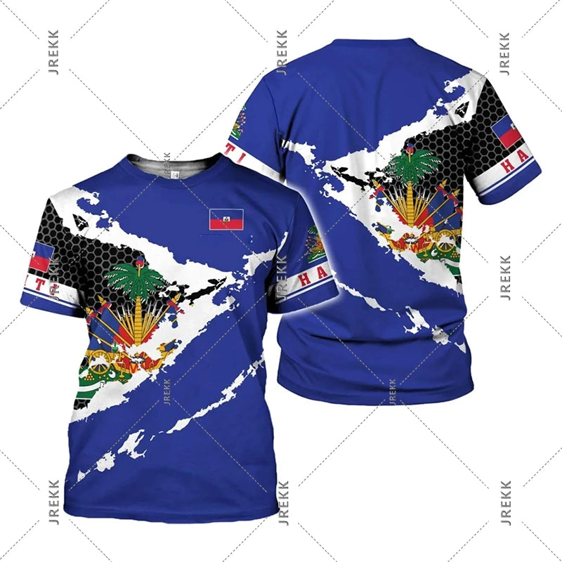 Haiti Flag Day short sleeve T-shirt for men and women by R&G Boutique, featuring the Haitian flag design on a casual clothing top