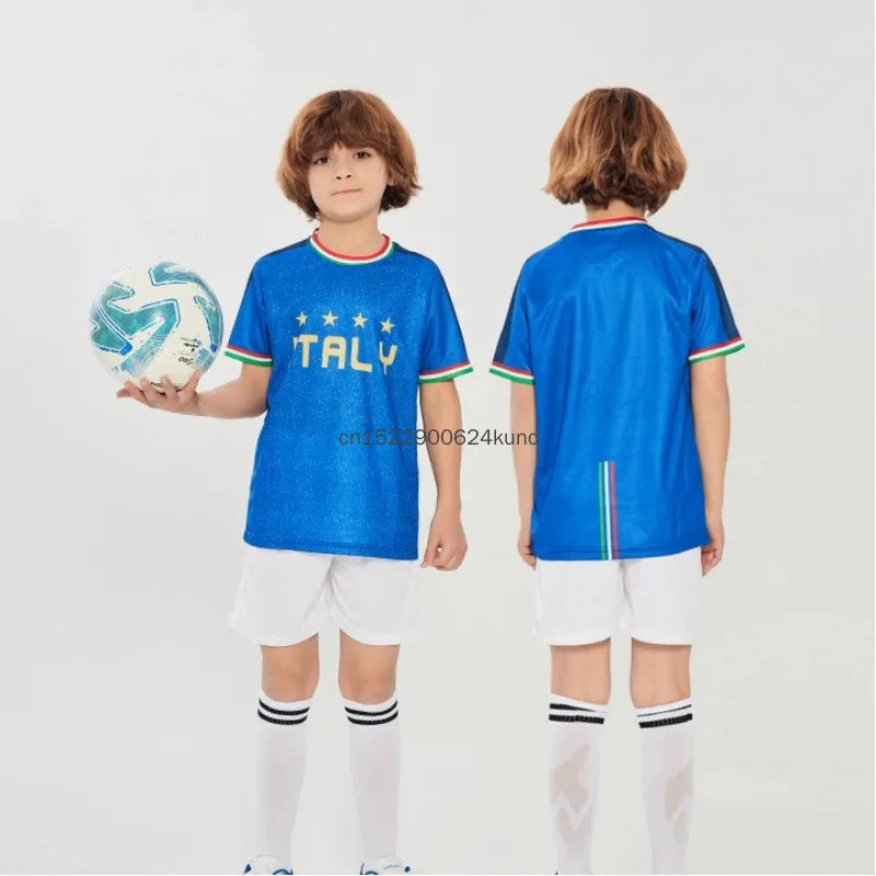 Kids football jersey set by R&G Boutique featuring Brazil, Argentina, Germany national team designs, quick-dry soccer clothing for boys and girls.