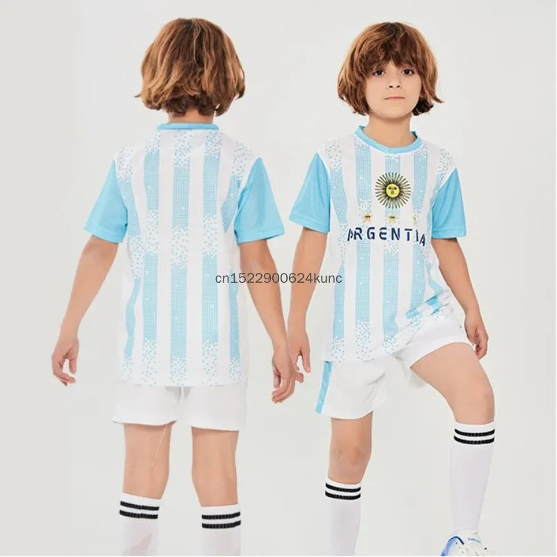 Kids football jersey set by R&G Boutique featuring Brazil, Argentina, and Germany national team designs, quick-dry soccer clothing for boys and girls.