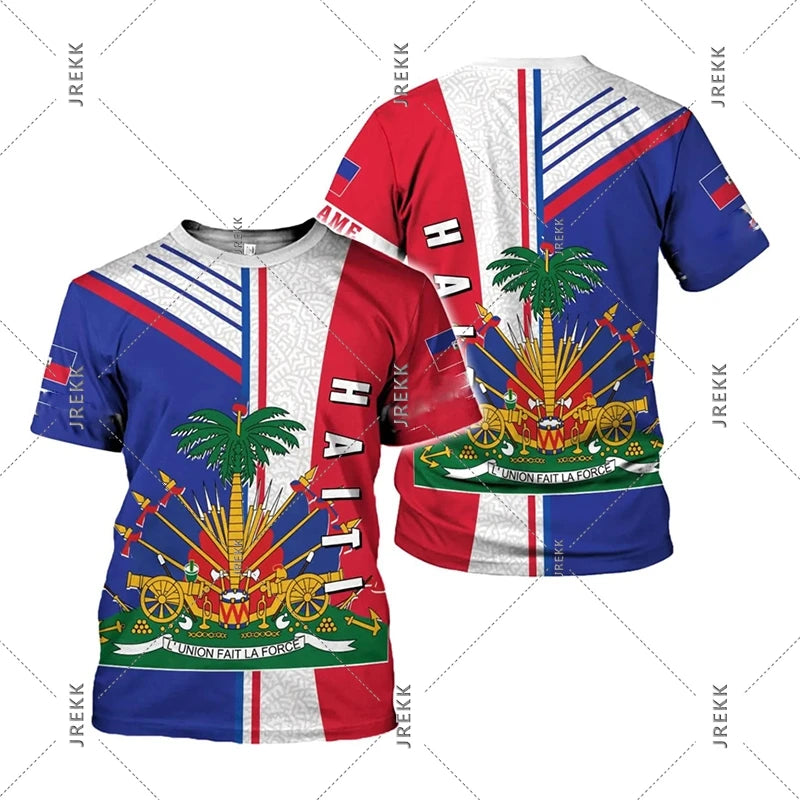 Haiti Flag Day short sleeve T-shirt for men and women with vibrant Haiti flag design, casual clothing by R&G Boutique.