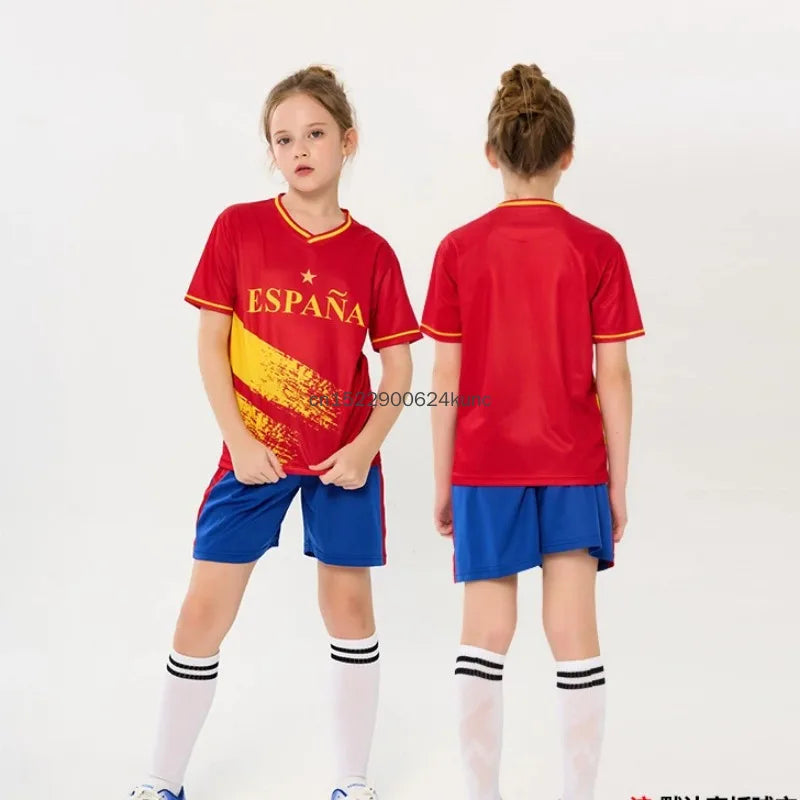 Kids football jersey set by R&G Boutique featuring Brazil, Argentina, and Germany national team designs, quick-dry soccer clothes for boys and girls.