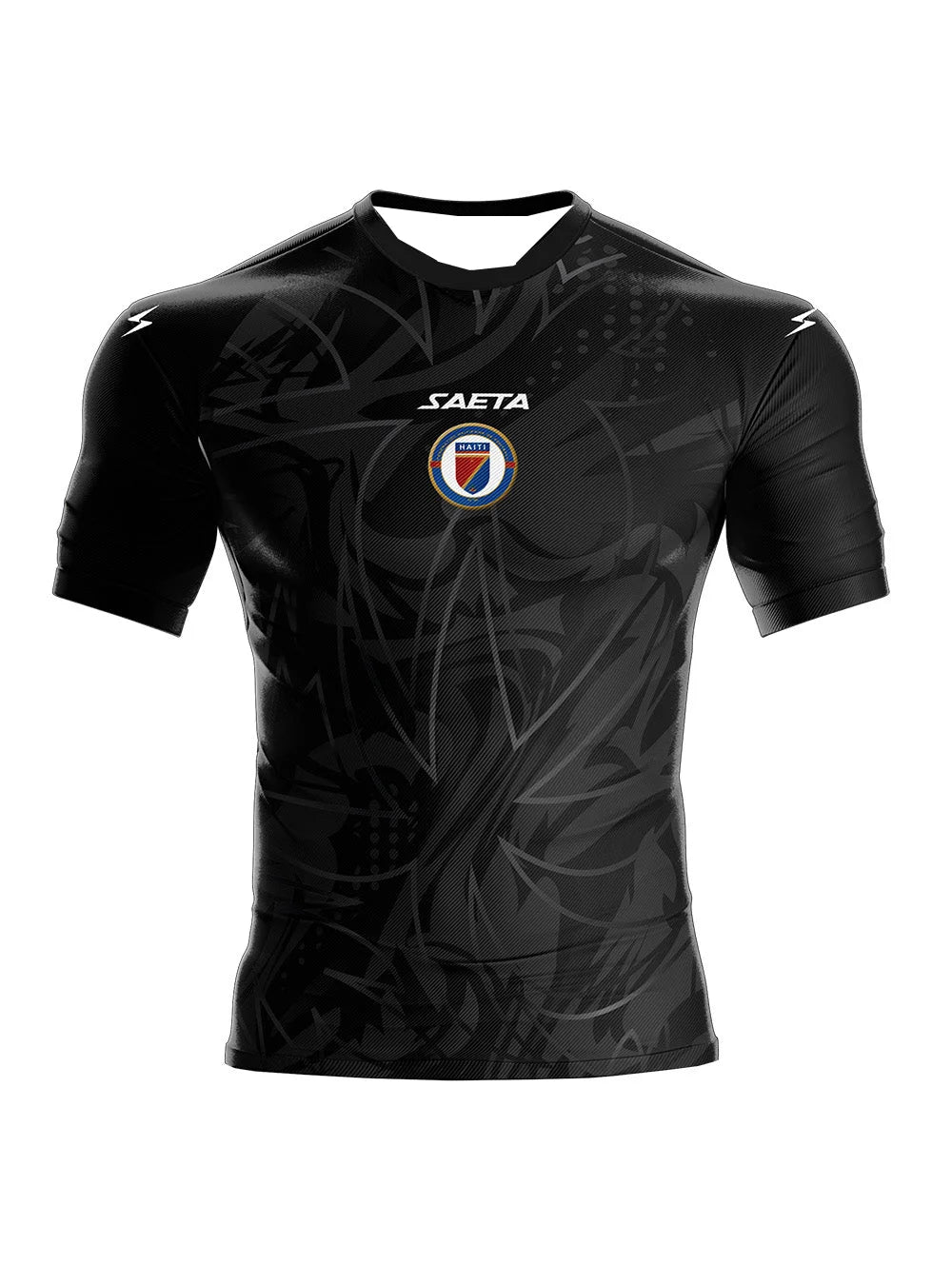 Haiti national team away jersey by R&G Boutique, navy blue with white and red accents, laid flat showing front design and team logo.