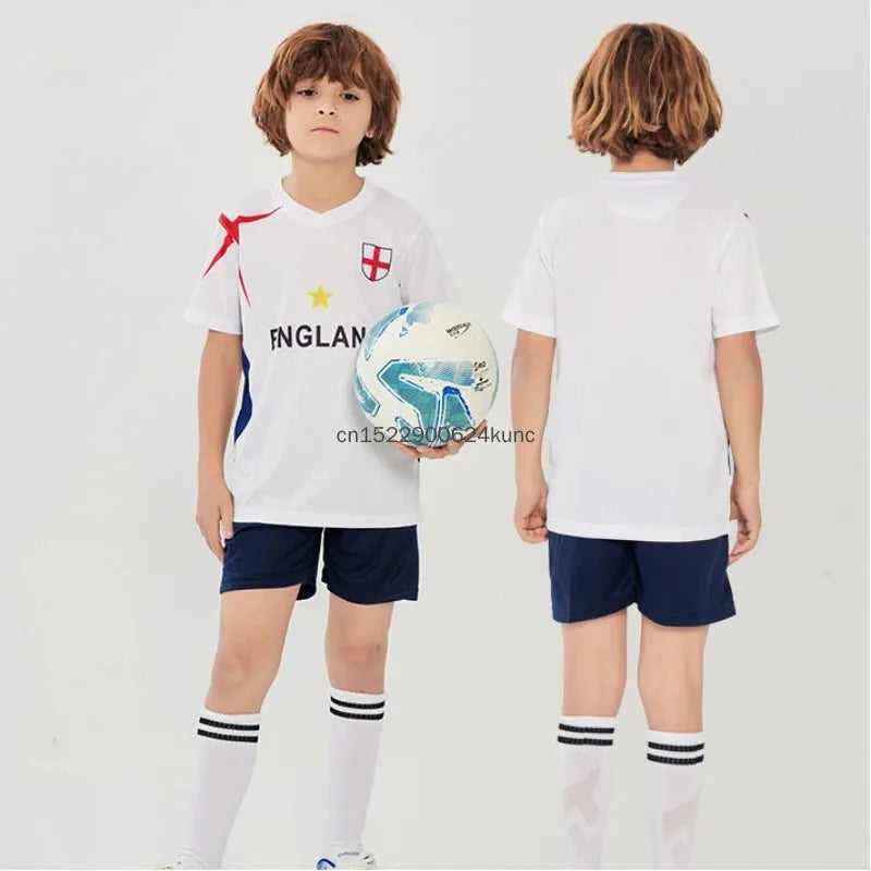 Kids soccer jersey set by R&G Boutique featuring Brazil, Argentina, or Germany national team designs, quick-dry sports clothes for boys and girls.