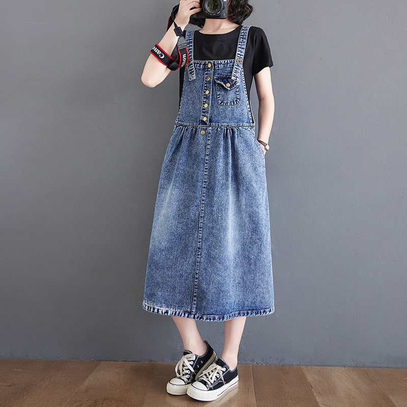 R&G Boutique denim suspender skirt dress featuring a classic denim skirt design with adjustable suspenders and a stylish fit.
