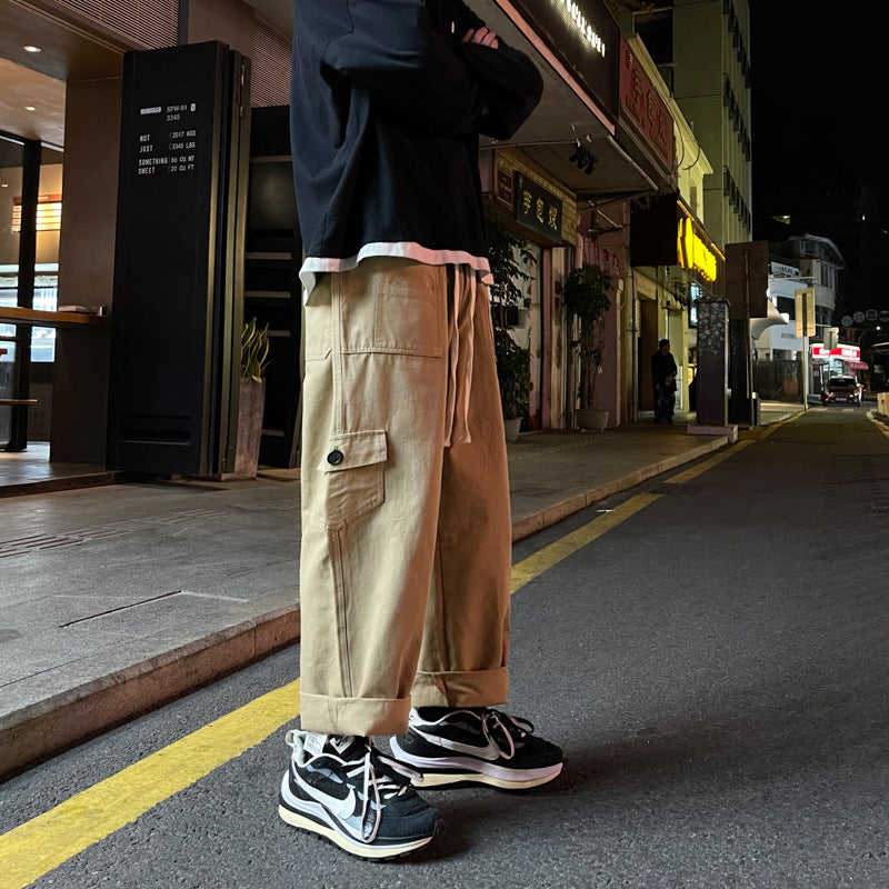 Japanese casual loose trousers in solid color, made by R&G Boutique, shown on a model with a relaxed fit and comfortable style.