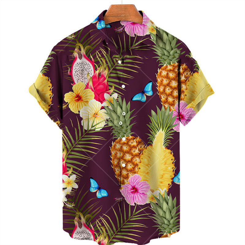 Colorful fruit print Hawaiian shirt by R&G Boutique, casual fashion shirt with tropical fruit patterns on lightweight fabric.